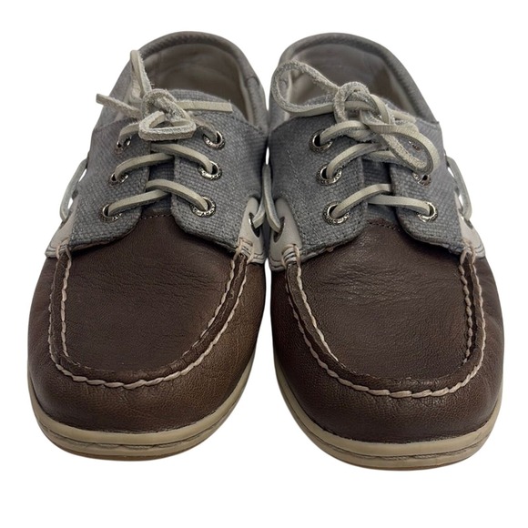 Sperry Top-Sider Boat Shoes Brown Leather Gray Canvas Preppy Coastal Womens 7 - Picture 3 of 10